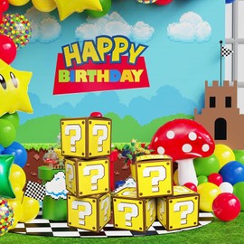 6 Pcs Question Party Boxes for Gaming Birthday Decorations, 7.5 Inch Video Game Centerpieces Boxes for Boys Gamer Birthday Party Decorations Favors