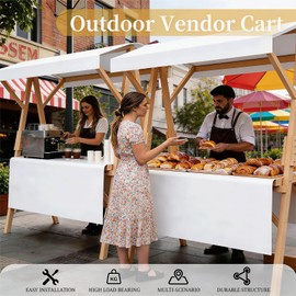 Market Stall Frame Carts Width 59" Outdoor Pine Wood Street Food Vendor Cart with Canopy Folding Vendor Stall Cart with Wheels for Beaches or Festivals (White)