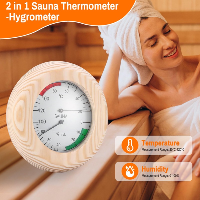 Sauna Thermometer Hygrometer: 2-in-1 Round Wooden Sauna Room Thermometer and
