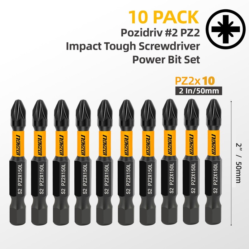 10-Piece PZ2 50mm Bits, PZ2 Magnetic Screwdriver Impact Bits Set,