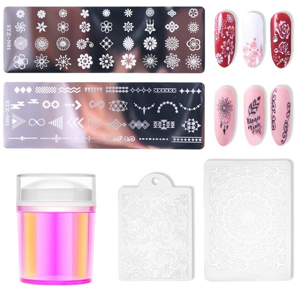 BEAUTY PLAYER Nail Plate 4 Piece Nail Stamp Plate Nail Stamp Set Nail Design Supplies Nail Stencil Stamp Plate Nail Art Tool Stamp Set Stamping Image Plate Full Cover Summer Rectangle Cat Grass Cherry Blossom Flower Japanese Style Leaf Flower Pattern (Pi