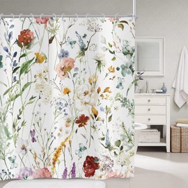Hnmdmyi Shower Curtain Flowers 180 x 180 cm, Watercolour Colourful Flowers Plants Butterfly Wild Flowers Blossom Bath Curtain Waterproof Polyester Fabric Washable Bath Curtain for Bathroom with Hooks