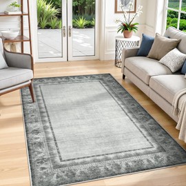 LIVEBOX Washable 5x7 Area Rugs for Living Room, Non-Slip Vintage Bordered Bedroom Rug, Modern Farmhouse Print Rugs for Dining Room, Carpet Rugs for Office Boys Room Decor (Grey,5'x7')
