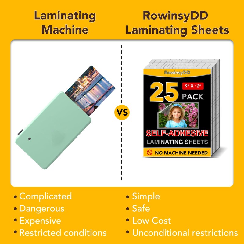 RowinsyDD 25 Pack Self Adhesive Laminating Sheets, 9 X 12