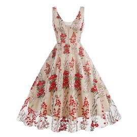 Plunge V Neck Floral Embroidery Dress for Women Embellished Illusion Neckline Sleeveless Embroidered Dress Casual A-line Tulle Flower Prom Dress 50s Vintage Cocktail Party Dress Apricot+Red Flower M