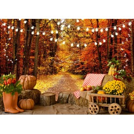 LYCGS 7X5FT Autumn Scenery Deciduous Backdrop Thanksgiving Background Pumpkin Harvest Hay Background Tree and Yellow Fall Leaves Backdrop Studio Props X-55