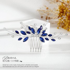 Unicra Peine para el pelo de novia de plata con cristales brillantes, accesorio para el pelo para mujeres y niñas (azul)