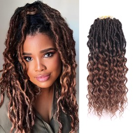Deep Faux Locs Crochet Hair 14 Inch 8 Packs Goddess Locs Crochet Hair Pre Looped Curly Crochet Hair for Black Women Soft Locs Crochet Braids with Curly Ends (T30, Black mixed Brown)