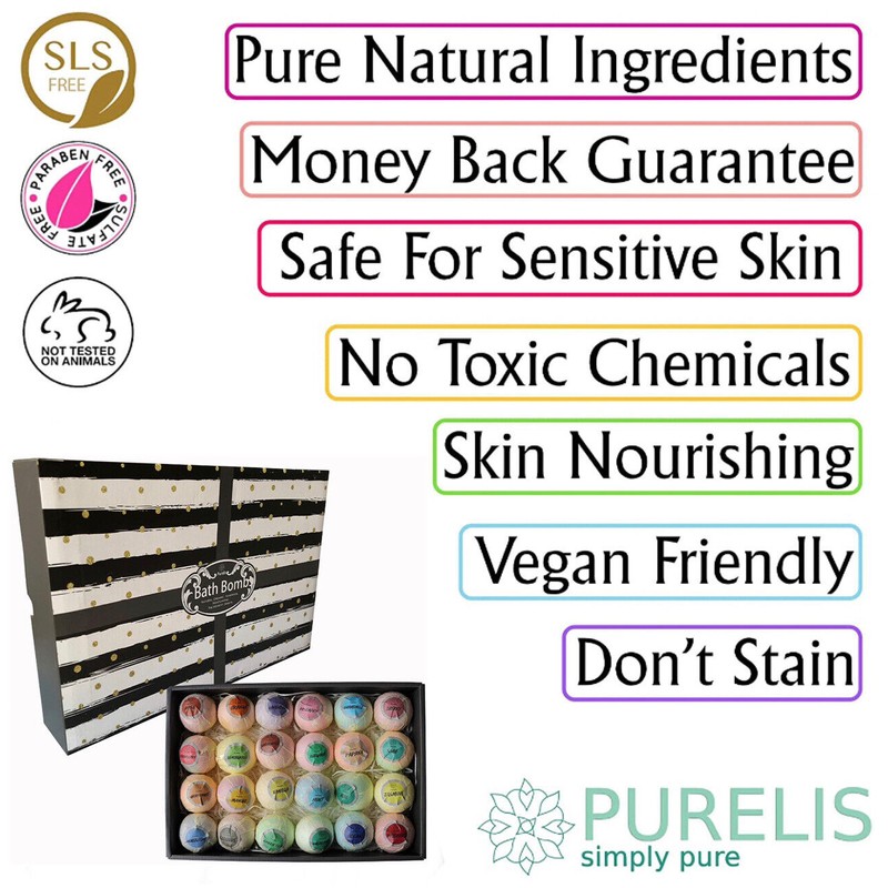 Purelis Bath Bombs Gift Set Of 24 Luxury Aromatherapy Bath