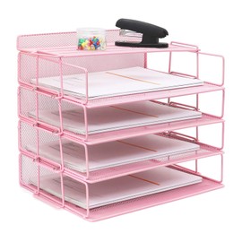 LUCYCAZ Desk Organizer - Stackable Paper Tray, 4 Tier Pink Letter Tray, 5 Trays Metal Paper Organizer for Desk, File Organizer for School Home and Office