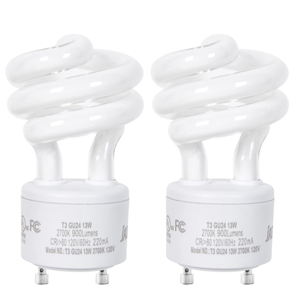 JACKYLED UL-Listed GU24 CFL Light Bulbs, T3 13W 2700K GU24 Base Compact Flourescent Bulbs, Energy Efficient 900lm Spiral Bulb, 2-Pack