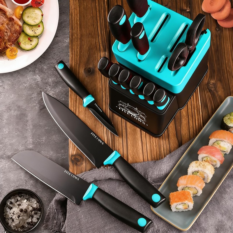 14 Pcs Kitchen Knife Block Set with Sharpener (Green)