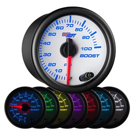 GlowShift White 7 Color 100 PSI Turbo Boost Gauge Kit - Includes Mechanical Hose & Fittings - White Dial - Clear Lens - for Diesel Trucks - 2-1/16" 52mm