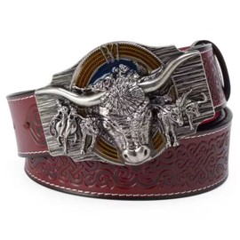 WRJAHCG Western Belt for Cowboy, Vintage Long Horn Bull Rodeo Western Cowboy Belt, Silver Red, 120 cm/47.3 Inches, Silver Red