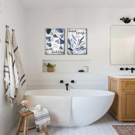 Conipit Botanical Plant Canvas Wall Art Blue Grey Bathroom Pictures Minimalist Boho Leaves Painting For Bathroom Washroom Wall Decor (blue, small)