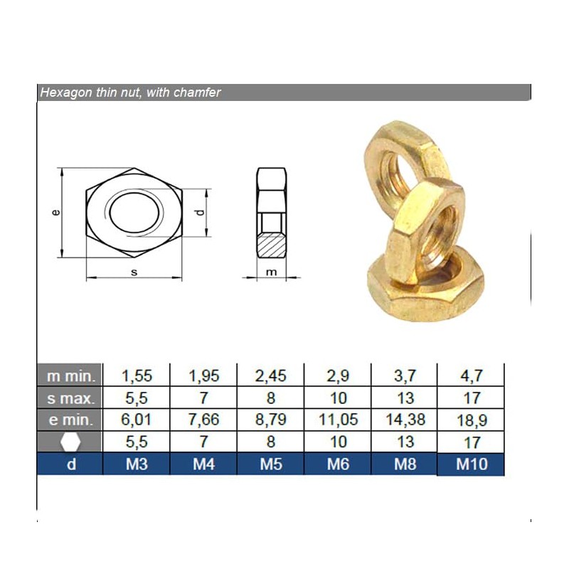 M10 Solid Brass Half Nuts DIN 439 (Pack of 10)