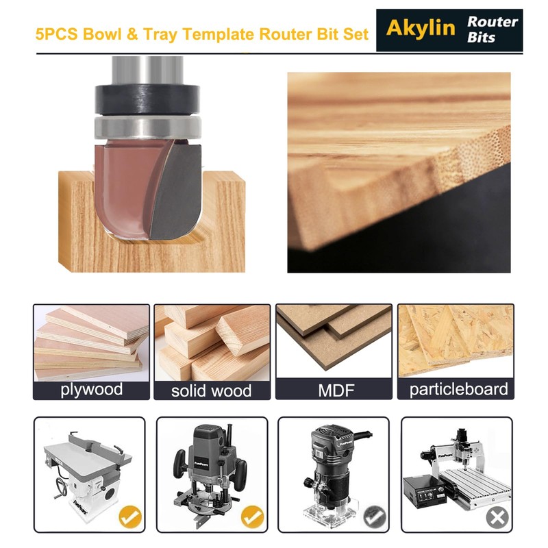 Akylin Dish Carving Router Bits, 1/2 Inch Shank 5PCS Bowl