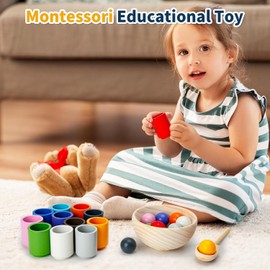 Montessori Toy from 3 Years, Wooden Sorting Stacking Toy, 12 Balls 30 mm Rainbow Wooden Balls in Cups, Baby Toy for Preschool for Colour Sorting and Counting, Gift from 2 3 4 5 Years