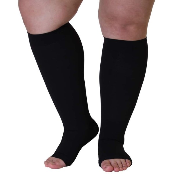 2XL Made in USA Mojo Opaque Plus Size Compression Socks Knee-Hi 20-30mmHg Wide Calf Graduated Compression Stockings Black Open Toe Unisex