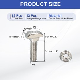 PATIKIL M8 x 33 mm T-Slot Bolts, 12 Sets Drop-in Bolt Hammer Head with Hexagon Flange Nuts T-Bolt Stud Sliding Screw for 45 Series Aluminum Extrusion Profile, Silver