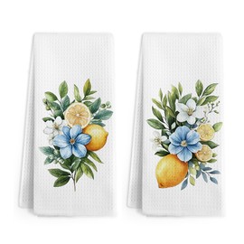 Gnmduw Lemon Floral Kitchen Towels, Lemons Hand Towels Set of 2, Flower Hand Dish Tea Towel for Bathroom Decor, Lemon Kitchen Decor, Lemons Towel Gifts for Women Men Girl, 16x24 Inch