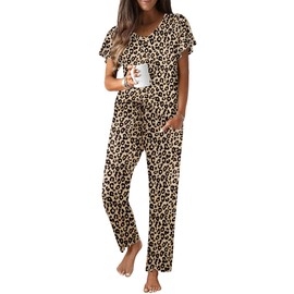 Ekouaer Pajama Sets Womens Short Sleeve Sleepwear Long Pants Pjs 2 Piece Lounge Set Soft Nightwear Leopard,XX-Large