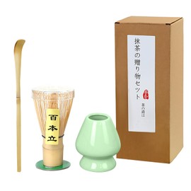 Handcrafted Matcha Whisk Set of 3 - Traditional Bamboo Whisk (100-prong Chasen), Bamboo Scoop & Celadon Holder, Perfect Set for Tea Enthusiasts to Prepare a Traditional Cup of Matcha