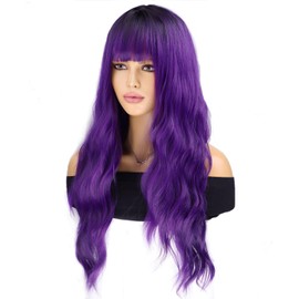 BERON 26 Inches Blue Wig Long Curly Dark Root Ombre Purple Wig with Bangs for Women Daily Party Hairnet Include