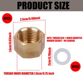 4pcs 1/2 NPT Brass Pipe Cap & 4 Gaskets, External Hexagon 1/2 Inch Hose Brass Compression Cap Fittings Copper Stop Valve Cover for Water Line Faucets Tap Irrigation System Accessories
