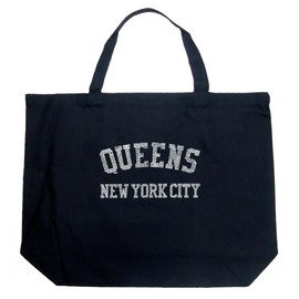 LA POP ART Word Art Large Tote Bag - Popular Neighborhoods in Queens New York - Word Art Black