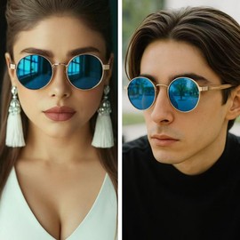 WOODONLY Wooden Round Polarised Sunglasses - Fashion Metal Frame Sunglasses for Men and Women Perfect Gifts, blue