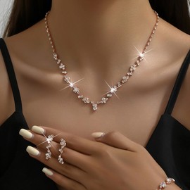 JAKAWIN Bride Wedding Jewelry Set Silver Bridal Necklace Earrings Set Crystal Rhinestone Necklace for Women NK330 (3 Rose Gold)