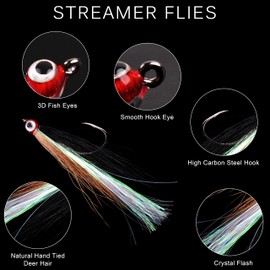 Clouser Minnow Fly Fishing Flies, Streamer Wet Salmon Trout Steelhead Jig Hooks Sea Bass Striper Flounder Fly Fishing Lures Saltwater Freshwater, Black, 5Pcs