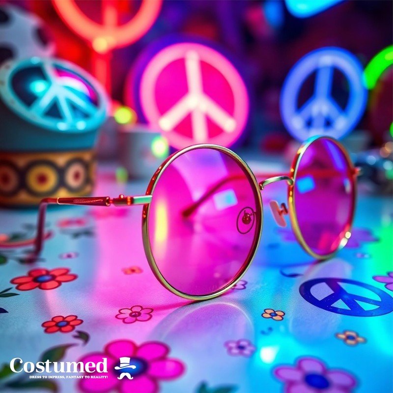 Costumed Hippie Glasses - Round Pink Sunglasses as 70s &