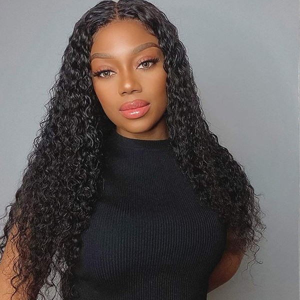 Amella Hair Lace Closure Human Hair Wigs for Women Curly Brazilian Virgin Hair Lace Closure Wig with Baby Hair Pre Plucked Natural Black Color (18inch with 130% density,Lace Closure Wig)