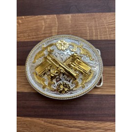 Unknown Western Gold Solid Metal Oval Belt Buckle with 2 Guns Rhinestones Flower Design