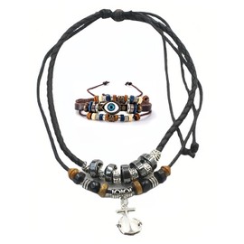TOZBLEU Boho Jewellery Set - 2 Pieces Chain Anchor Necklace Leather Chain Indian Jewellery Bohemian Long Vintage Hippie Choker Chain Dangling Beads Jewellery Set Leather Necklace for Women