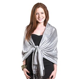 Gilbin Luxurious Paisley Design 28 x 70 Silk Blend Pashmina Shawl Wrap , Silver