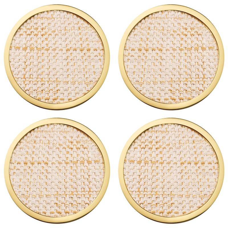 Lilly Pulitzer Gold and Raffia Coasters for Drinks with Holder,