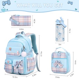 ACESAK Backpack for Girls with Insulated Water Bottle, Bow Tie Plaid Bookbag for Girls Kids, 14oz Termos Kids Water Bottle Stainless Steel, Lunch Bag & Pencial Case, Back To School Gift (Blue)
