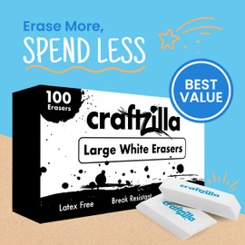 Craftzilla White Erasers 100 Pack - Large Latex-Free Bevel Erasers for Kids, Classroom, and School Supplies - Ideal Eraser for Pencils and Drawing