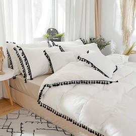 Softta Boho Bedding Tassel Duvet Cover Fringed Twin 3 Pcs 100% Washed Cotton Vintage and Elegant Ruffle Duvet Covers White and Black Zipper Closure