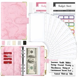 Onlyesh Budget Binder, Cash Envelopes for Budgeting, Money Organizer for Cash, 28Pcs Budget Binder with Cash Envelopes, Marble 6-Ring Money Saving Binder(Pink)