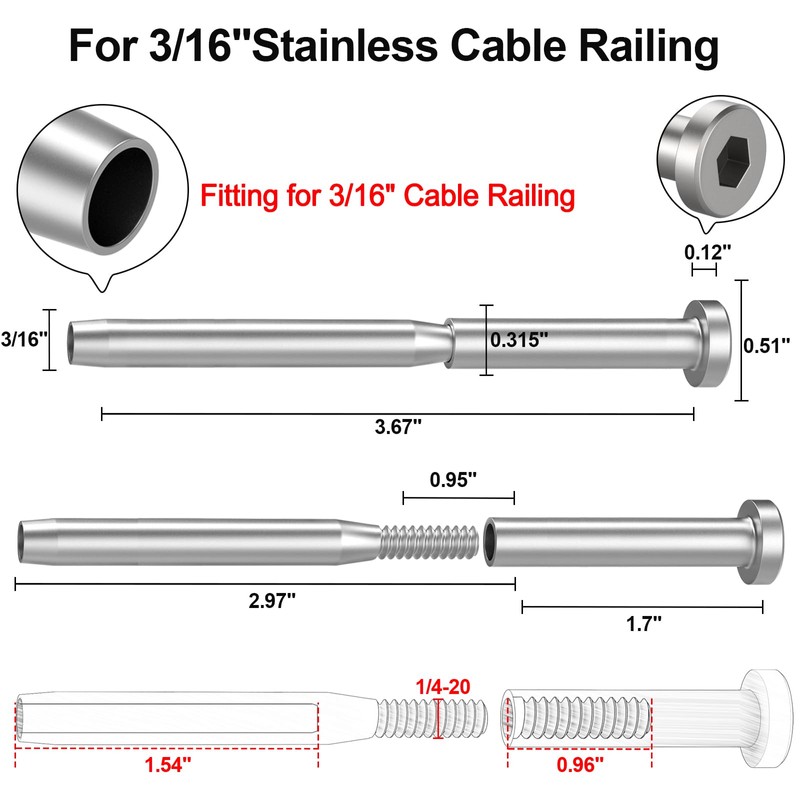 BLIKA 20 Pack 3/16" Invisible Cable Railing Kits 4x4, T316
