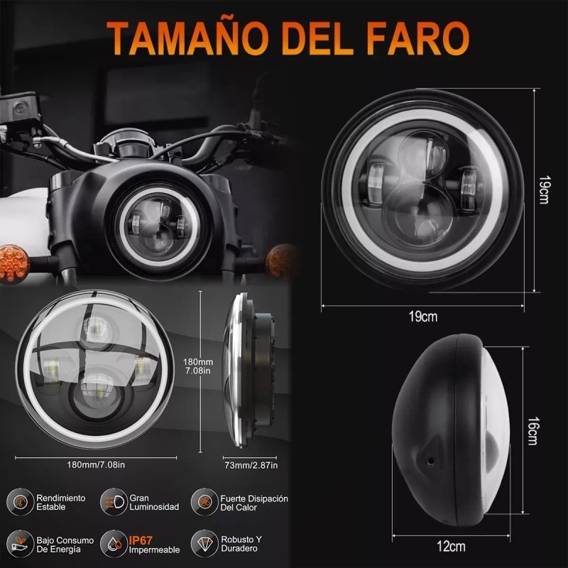 Faro Moto Universal 7 Pulgadas Led Alto Brillo Con Carcasa