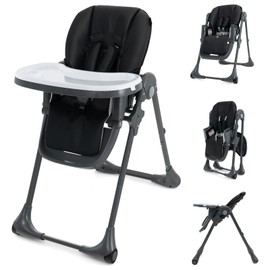 HONEY JOY Baby High Chair, Foldable Highchair for Babies and Toddlers, Adjustable Heights, Recline Backrest & Footrest, Detachable Tray & PU Seat, Portable Highchairs with Wheels (Black)