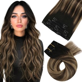 Moresoo Clip in Hair Extensions for Women Balayage Black and Brown Human Hair Clip in Extensions Ombre Natural Black to Dark Brown with Dark Blonde Clip ins Real Human Hair Extension 16 Inch 80g/5pcs