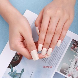Yekafue No Lamp Gel Nail Strips 22 Pcs Wraps - Creamy White, Solid, Easy Apply Gel Nail Stickers Long Lasting, Salon-Quality, 2 Prep Pads, 1 File, 1 Wooden Stick