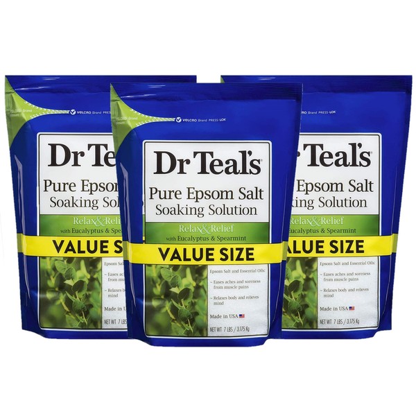 Dr Teal's Eucalyptus & Spearmint Salt Bath (3 Pack, 7lb Ea) - Relax & Relief Formula - Essential Oils Blended with Pure Epsom Salt - Ease Aches & Pains, Clear The Mind & Senses - Value Size Bag