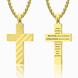 Anniversary Birthday Gifts For Boyfriend, Stainless Steel Gold Always Remember USA Patriotic American Flag Cross Necklace Bible Verse Quote Encouragement Religious Christian Necklace For Men